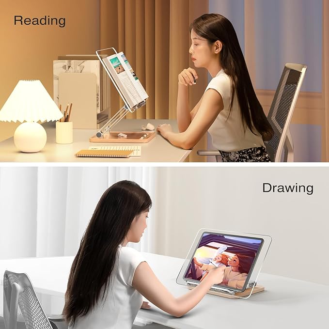 Adjustable Acrylic Book Stand for Reading, Book Holder with Pen Slot, Foldable Desktop Riser for Laptop, Recipe, Textbook - Hands-Free,Cookbook Stand, Clear Design with Page Clips