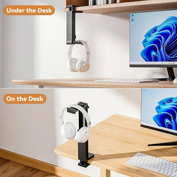 Headphone Stand & Hanger for Desk, 2 in 1 Above & Under Desk Gaming Headset Holder Mount with Height Adjustable & Rotating Clamp, Dual-sided Anti-slip Pad, Earphone Rack with Cable Clip, 1 Hooks