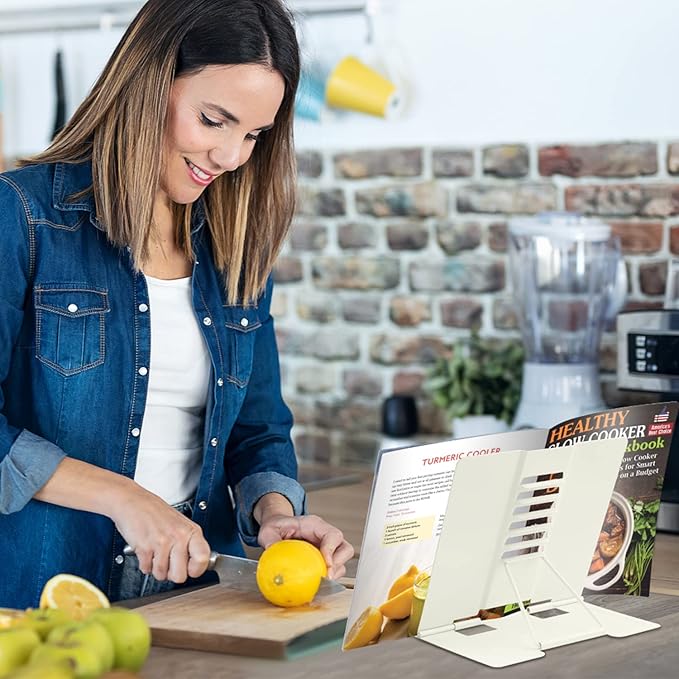 Honagu Book Stand Metal Desk Book Holder, Book Holders for Reading Hands Free, Adjustable Cookbook Documents Holder, Portable Bookstand for Music Books, Textbook, Recipe, Tablet, Ipad (Milky White)