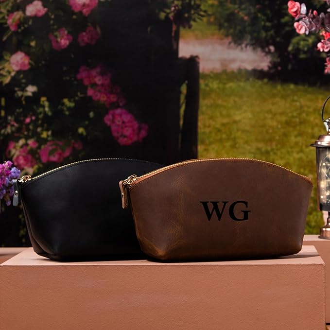 Blade Premium Personalized Genuine Leather Cosmetic Makeup Bag - Wedding Gift for Bridesmaid, Travel Organizer Clutch for Women with Zipper Pouch for Toiletry Essentials (Tobacco)