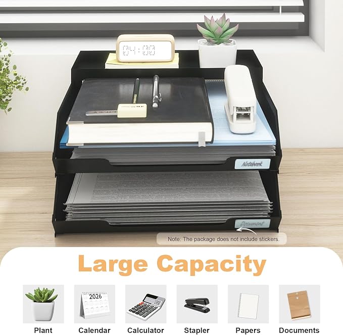 Natwind 2-Tier Stackable Metal Mesh Paper Organizer with Sliding Tray,Black | Desk Organizer for Office Supplies, Letter Tray For Desktop,File Holder For Home School Classroom Organization