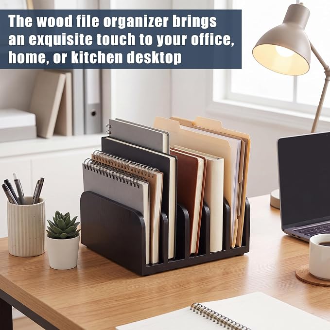 Lineshading Bamboo Letter Organizer, 5 Compartments Desk Mail Organizer, Desktop Envelope Holder and Letter Sorter, Countertop Paper File Holders with Anti Slip Mat for Home Office(Black)