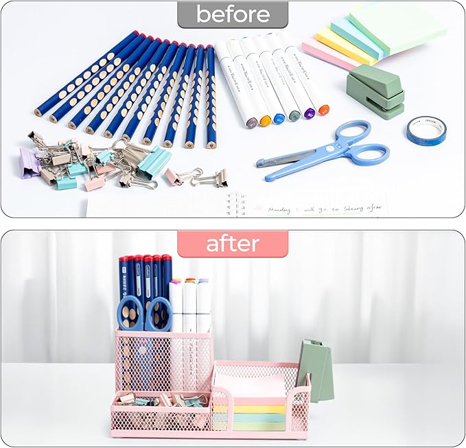 M&G Mesh Pen Holder Desk Organizers Pencil Holder for Desk Pink, 3 Compartments Metal Office Supply Organizer with Sticky Notes Holder for Home Office