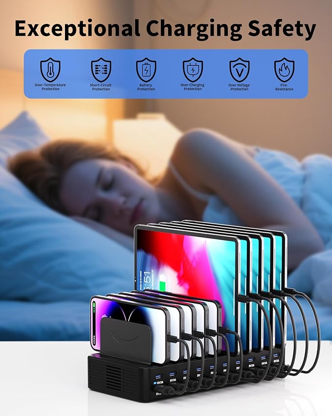 270W Charging Station for Multiple Devices, 20-Port USB Fast Charging Station with Adjustable Dividers & 10 Cables, Multi Device Organizer Charging Dock for iPhone, iPad, Tablets & More(Black)