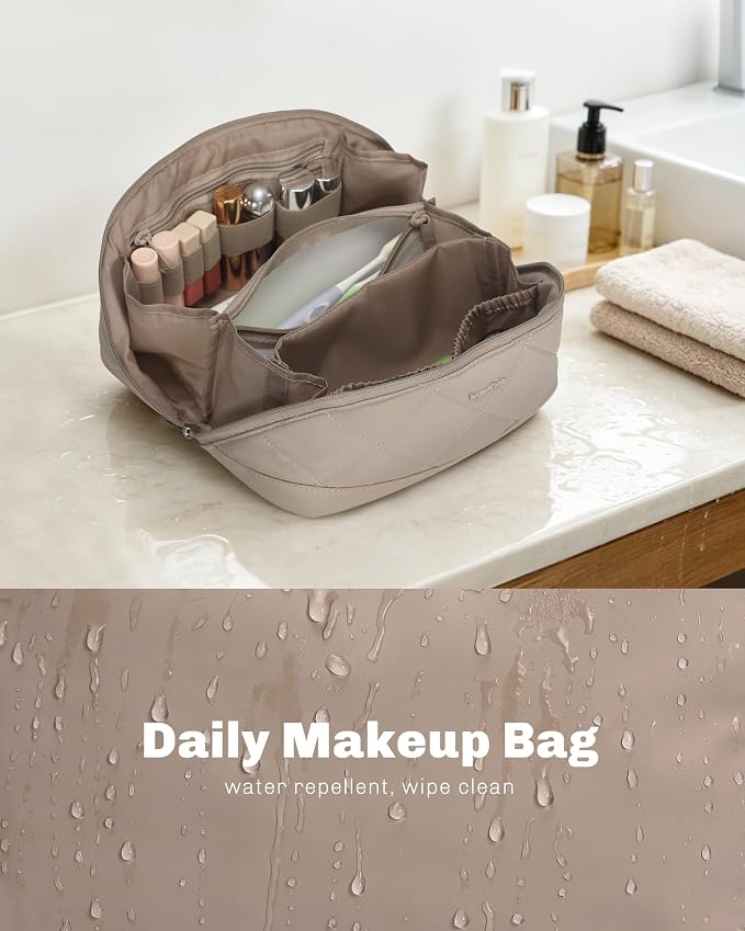 Hynes Eagle Travel Makeup Bag for Women Puffy Cosmetic Organizer Pouch Open Flat Toiletry Bag for Toiletries Brushes Structured Base Classic Camel