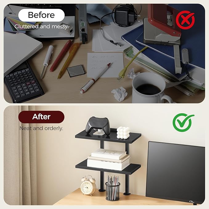 Clamp On Desk Organizer, 2-Tier Desktop Bookshelf, Adjustable Desk Storage Shelf, Metal Frame, for Office, Study and Game Room, Black DSBK3501