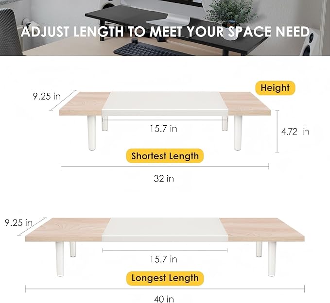Dual-Monitor-Stand-Riser-For-Desk Adjustable Length 32-40 Inch，Large Desktop Computer Monitor Riser For 2 Screens，Desk Shelf Organizer Riser Stand For Computer/Laptop/PC/Printer/TV Black
