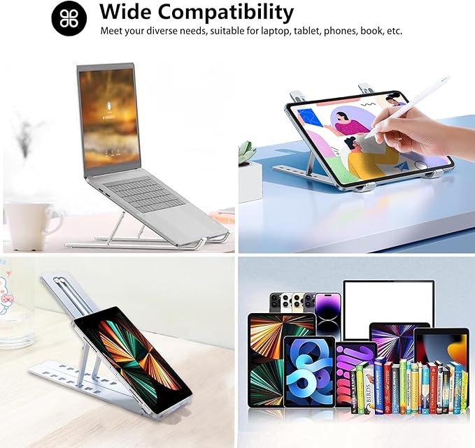Portable Laptop Stand BEIFOER Foldable Laptop Stands for Desk, Adjustable Aluminum+Silicone Ergonomic Travel Laptop Riser, Ventilated Cooling MacBook Stand for All 10-18'' Notebook, Sliver