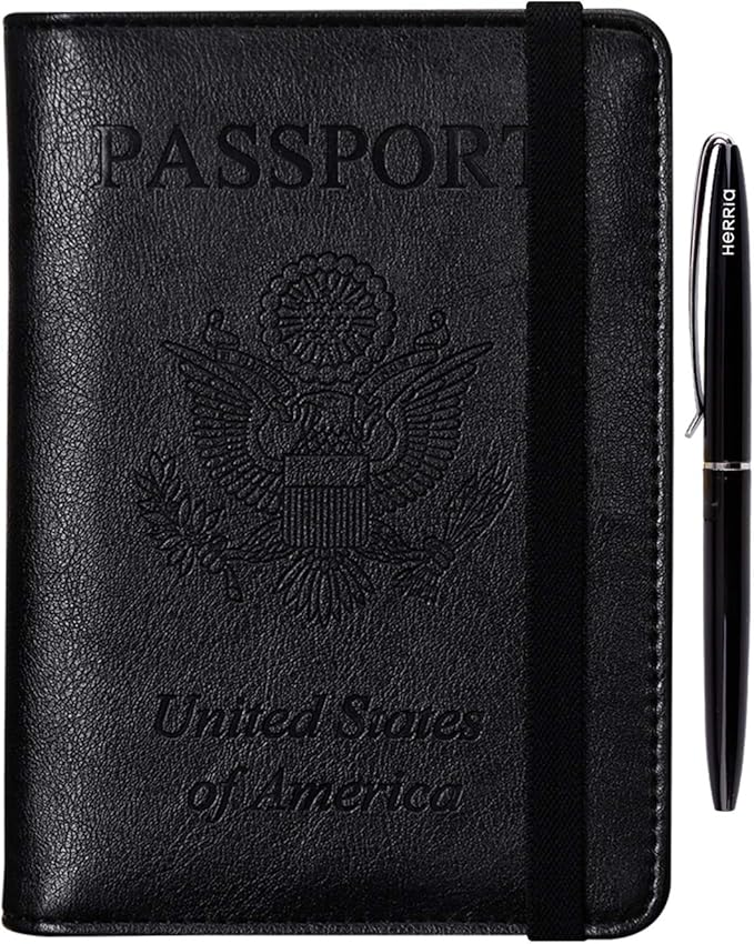 HerriaT Leather Passport Holder Cover Case RFID Blocking Travel Wallets Card Case for Women Men(Black)