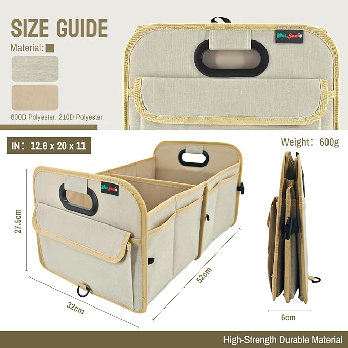 PAT SAM'S Trunk Organizer for SUV, Foldable Car Storage Organizer with Dividers, Waterproof Oxford, Collapsible Car Storage Box with Pockets for Grocery, Tools, Travel (Beige)
