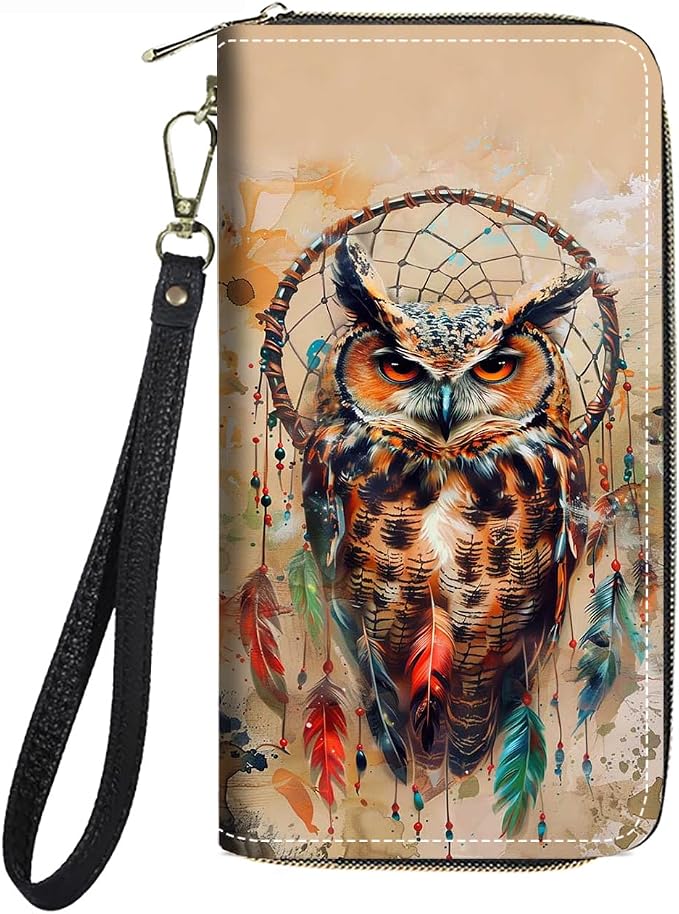 Women's Large Capacity Wallet PU Leather Zip Around Clutch Purse Multifunctional Wallet with Removable Wristlet Strap for Smart Phone/Coin/Card/Cash, Dream Catcher Owl
