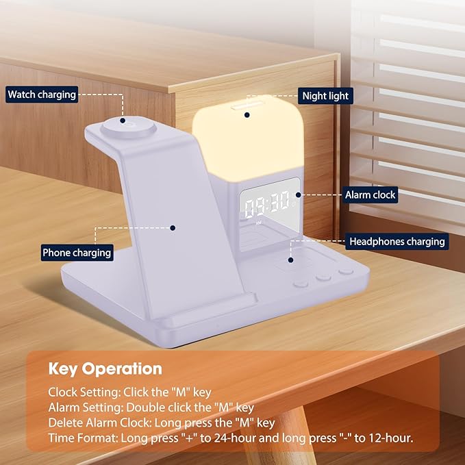 Wireless Charger for Samsung/Android, 6 in 1 Phone Nightstand Charging Station Charger with Alarm Clock/Night Light for Samsung S25/S24/S23 Ultra/Buds3,Watch Charger for Galaxy Watch 8/7/6/5-Purple