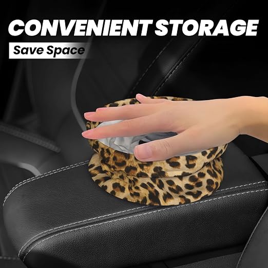 Car Garbage Bag Brown Leopard Mini Car Trash Bin Portable Collapsible Waterproof Rubbish Bag for Car Accessories Back Front Seat Cup Holder