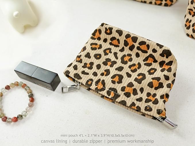 HAPPYHEIDI Cheetah Corduroy Makeup Bag Set 3 Cosmetic Toiletry Travel Pouch Purse Organizer, 3-Size, Vintage Brown Leopard