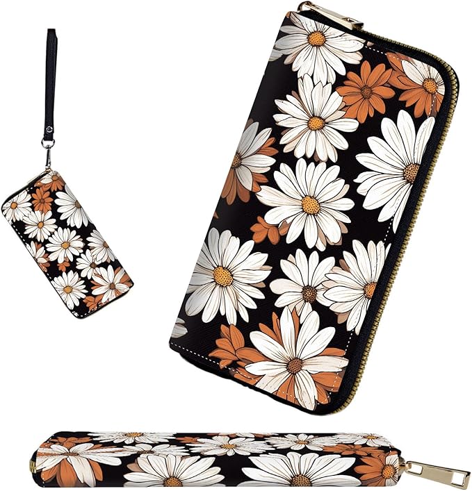 RFID-Blocking Zip Around Wallets for Women with Detachable Wrist Strap,Large Capacity Phone Holder with Card Organizer & Coin Pocket,White Flower Daisy