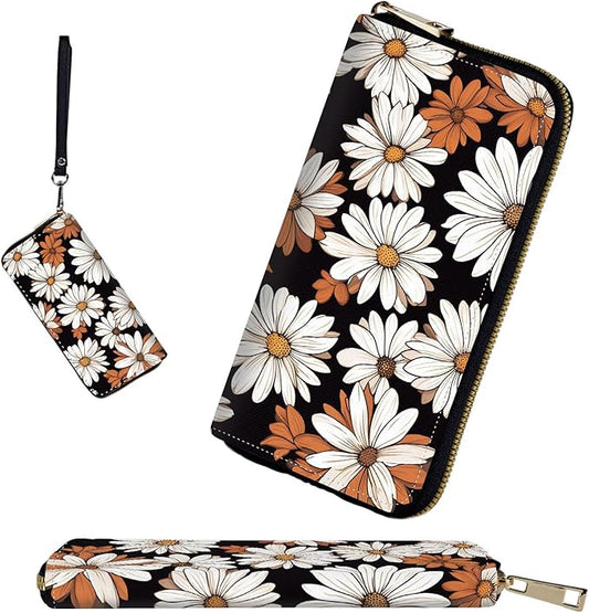 RFID-Blocking Zip Around Wallets for Women with Detachable Wrist Strap,Large Capacity Phone Holder with Card Organizer & Coin Pocket,White Flower Daisy