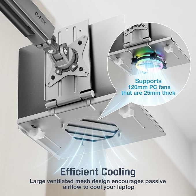 AVLT Adjustable Laptop Tray with Support for 120mm Fans Compatible with VESA 75x75 Monitor Arm - Suitable for Laptops Up to 17Inch - Gray (Fan Not Included)