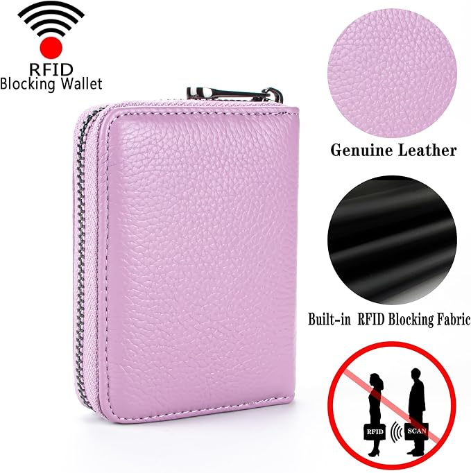 Suweibuke Genuine Leather Credit Card Holder Zipper Wallet RFID Blocking Secure Card Case ID Case Organizer (Light Purple)