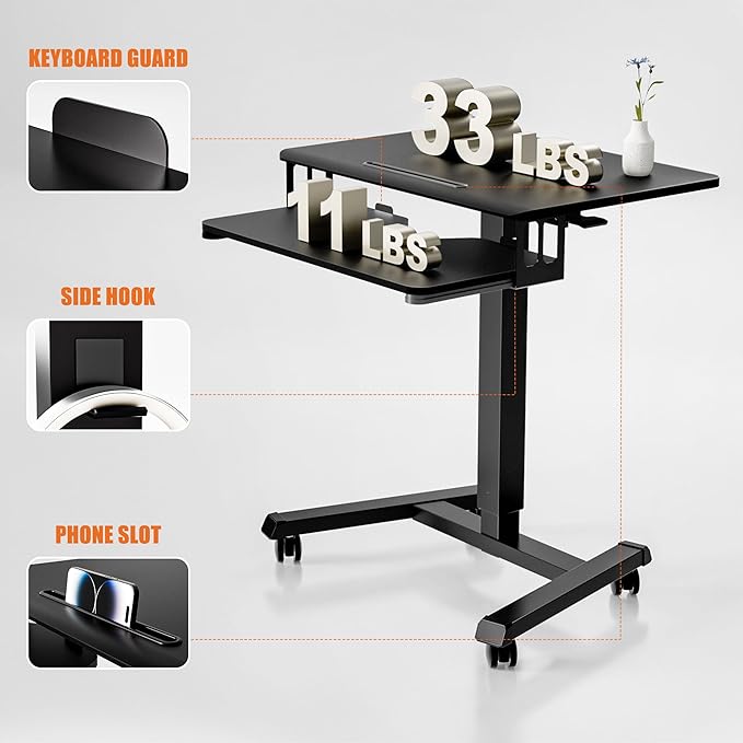 ERGOMAKER Mobile Standing Desk with Keyboard Tray, Gas Spring Rolling Desk with Lockable Wheels, Portable Laptop Desk, Adjustable Height Stand Up Desk, Computer Workstation Home Office, Black