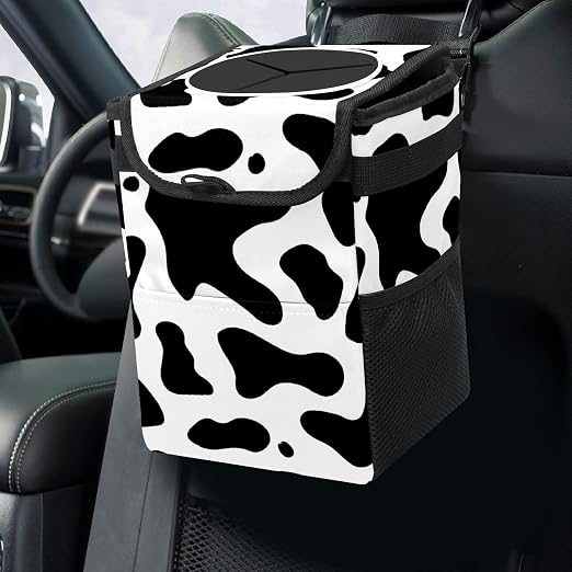 Western Black White Cow Print Car Trash Can with Lid Collapsible Reusable Waterproof Car Garage Bag,Automotive Garbage Can,Car Accessories Interior Car Organizer