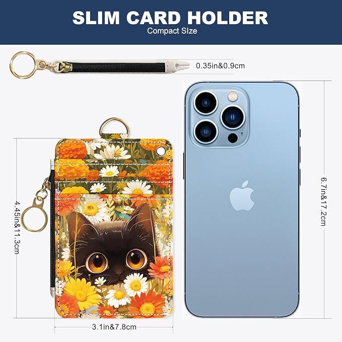 Slim Wallet Credit Card Holder, Cat and Yellow Flower, RFID Wallet Women Cute Small Front Pocket Wallet With Zipper, PU Leather Thin travel RFID Blocking Card Case ID Window,Ladies Gifts
