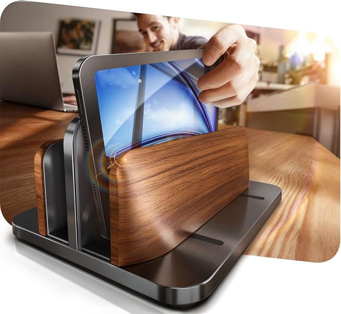 Vertical Laptop Stand, [Dual Slot Wooden + Aluminum Laptop Holder], Desktop Adjustable MacBook Stand, Adjustable Base, for MacBook Pro/Air, (up to 17.3-inch All laptops)