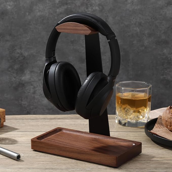 Walnut Headphone Stand, Wooden Headset Stand for Desk, Wood Gaming Headphone Holder with Storage Base for Airpod max, Bose, Razer, Sennheiser, Jabra, JBL, AKG, Vintage Gift for Men, Black
