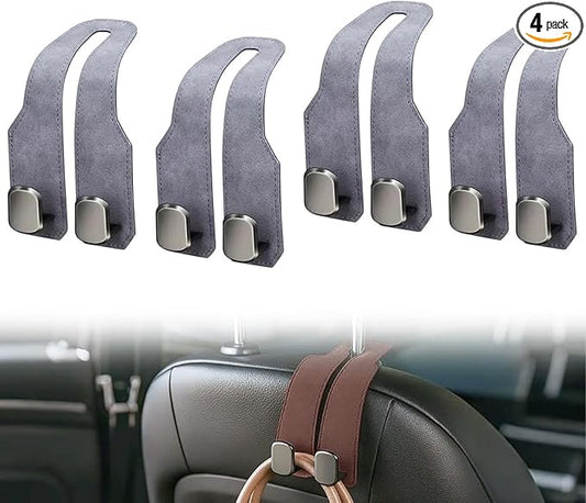 2026 New Headrest Hooks for Car, Car Seat Back Storage Hook, Leather Seat Back Storage Hook Organizer, Twin Hook Design Heavy Duty Holder for Purse, Bags, Handbag, Grocery, Umbrella (4, Grey)