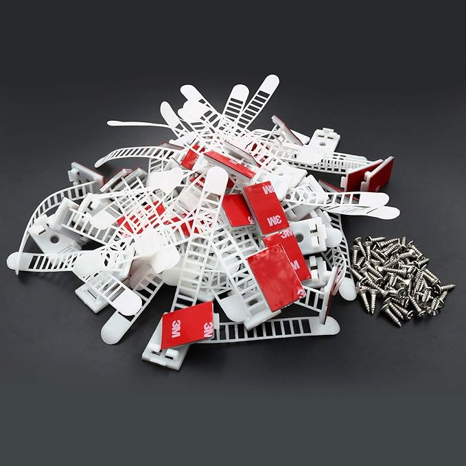 Mini Cable Clips 3M Adhesive, Multipurpose Cord and Wire Organizer for Cable Management Adjustable Medium - 60 Pack Bundled with 10 Bonus Reusable Cable Ties (White)