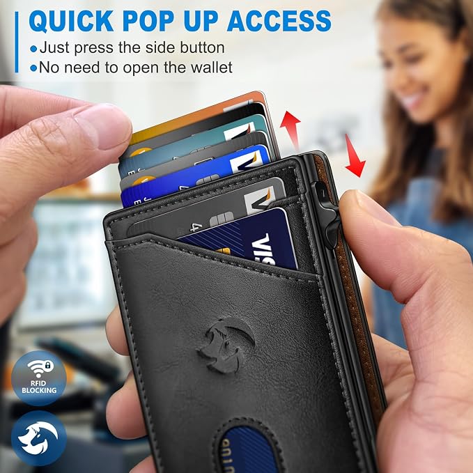 Wallet for Men, Slim Pop Up Card Holder with RFID Blocking, Minimalist Bifold Wallet with 9 Card Slots, ID Window and Cash Pocket, Metal Flip Case with Magnetic Closure, Gift Box