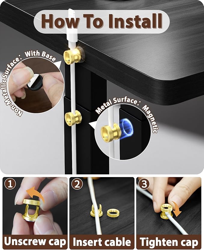 Viaky Magnetic Cord Holder,Gold Magnetic Cable Clip,Metal Cord Holder for Nightstand,Magnetic Cable Management Stainless Steel Magnetic Cord Organizer for Bedside Table Car Office Desk(3 Pack)