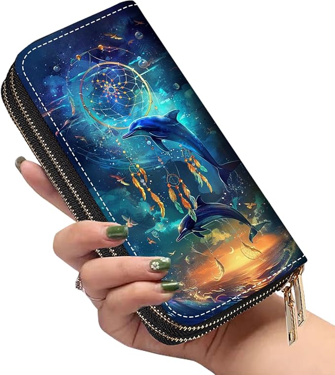 Women's Large Capacity Wallet PU Leather Double Zipper Clutch Purse Multifunctional Wallet with Removable Wristlet Strap for Smart Phone/Coin/Card/Cash, Dream Catcher Dolphin
