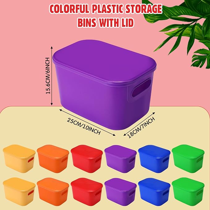 Thyle 24 Pack Colorful Plastic Storage Bins with Lids 7 Quart Vibrant Colored Toy Storage Box Stackable Nestable Organizer Box with Handle and Label for Classroom Shelf Bedroom Desktop School Supplies