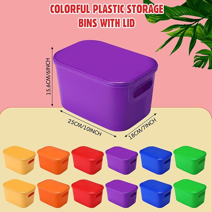 Thyle 18 Pack Colorful Plastic Storage Bins with Lids 7 Quart Vibrant Colored Toy Storage Box Stackable Nestable Organizer Box with Handle and Label for Classroom Shelf Bedroom Desktop School Supplies