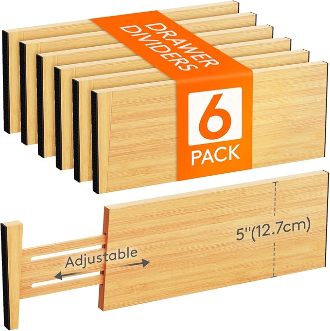 Lifewit 5" High 6 Pack Bamboo Drawer Dividers 33-42cm/13-16.5" Adjustable Wooden Drawer Organizer for Clothes/Utensils, Expandable Drawer Separator for Dresser/Kitchen/Bedroom/Office Organization