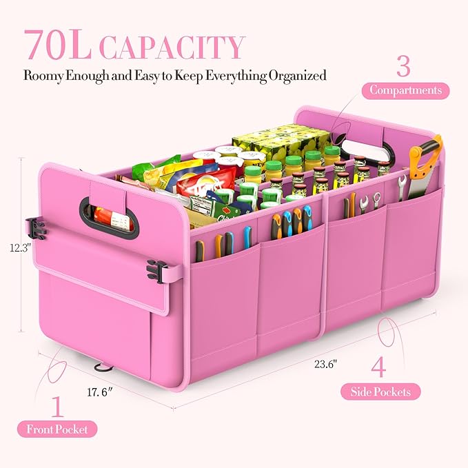 titiyiof Trunk Organizer For Suv & Sedan,Car Organizers and Storage, Waterproof Collapsible & Adjustable Straps,70L Sturdy Car Organization for Car Accessories, Tools,Sundries,2-3 Compartment（Pink