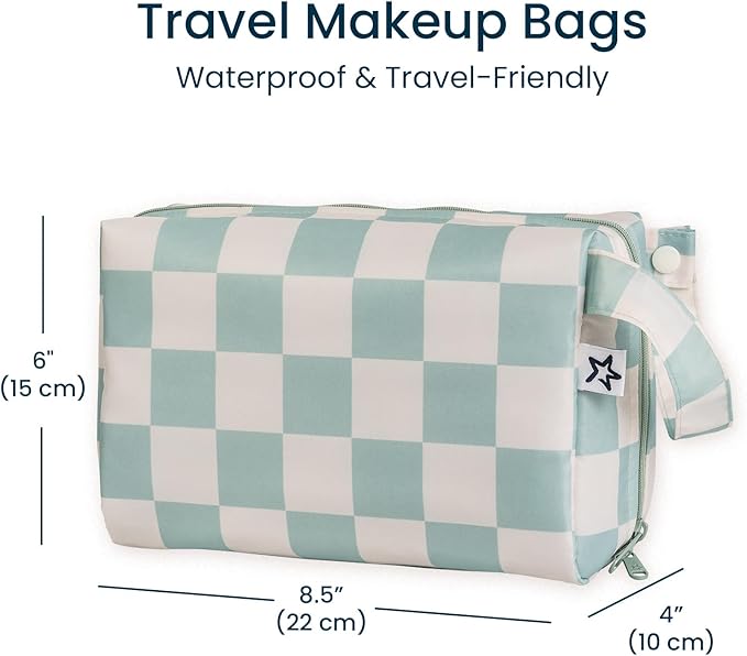 Tiny Twinkle Waterproof Travel Toiletry & Makeup Bag Organizer | Makeup Pouch with Multiple Compartments & Snap Handle for Travel | Gift for Teen Girls and Women（Sage Checkers