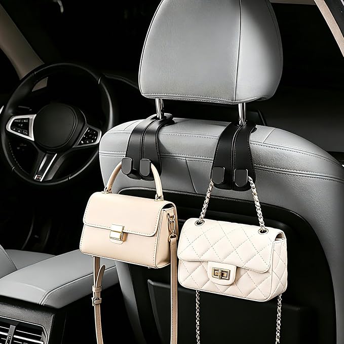 2 Pack KAFANLIN Car Headrest Hooks for Purses and Bags Cute Leather Car Seat Back Head Rest Double Hooks for Bags Cute Pink Beige Car Accessories Headrest Back Seat Handbags Hook (Black 2 Pack)