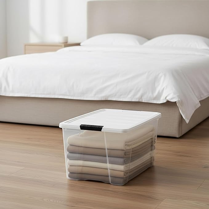 IRIS USA 72 Qt Stackable Plastic Storage Bins with Lids, 8 Pack - BPA-Free, Made in USA - See-Through Organizing Solution, Latches, Durable Nestable Containers, Secure Pull Handle - Clear/White