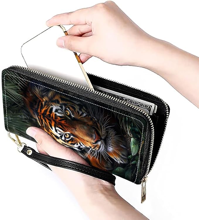 Women's Large Capacity Wallet PU Leather Zip Around Clutch Purse Multifunctional Wallet with Removable Wristlet Strap for Smart Phone/Coin/Card/Cash - Tiger