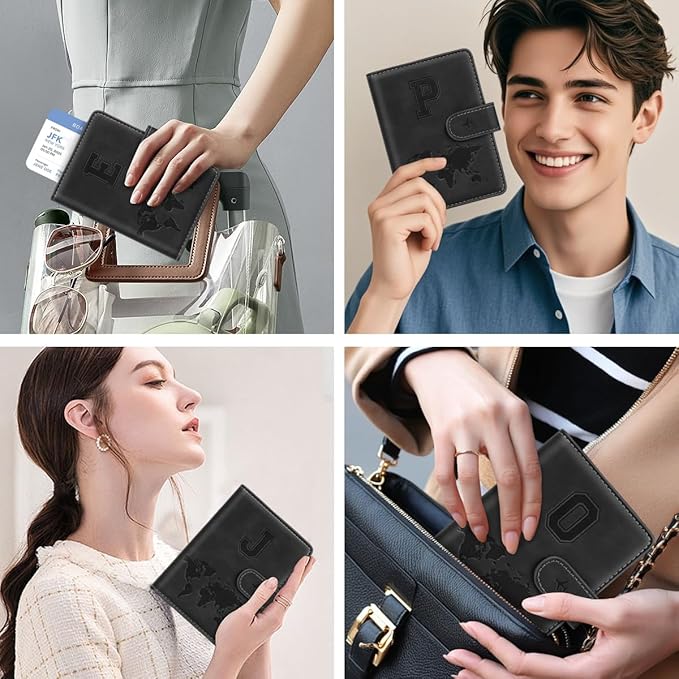 Passport Holder Cover Personalized Initial Letter A-Z Travel Wallet RFID Blocking Passport Cover Passport Book Holders for Women and Men, Black-P