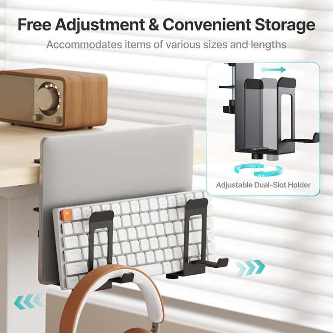 PEGZONE Laptop Stand Vertical, 2-Slot Under Desk Laptop Holder, Black | Desk Side Storage with Headphone Holder, Laptop Organizer for Office Gaming