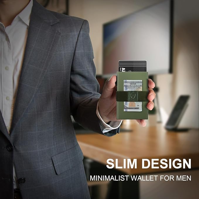 Minimalist Wallet for Men,Slim Wallet Compatible with AirTag,Card Holder Metal Wallet,Pop Up Wallet,Metal Card Holder,Quick Access Card,Rfid Blocking Protection,Hold 12+ Credit Cards (Army Green)