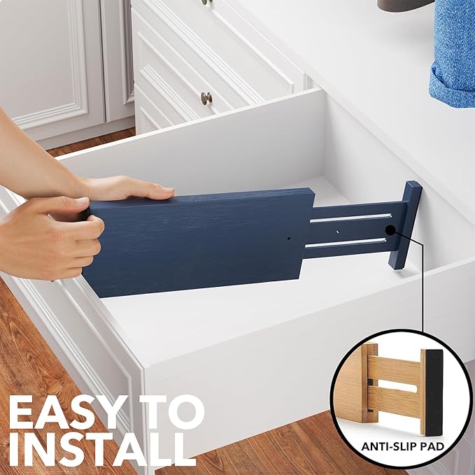 SpaceAid Bamboo 4 Pack Dresser Drawer Dividers, 4.65??High Adjustable 12.5??17??Drawer Organizers, Expandable Organization for Clothing, Clothes, Dressers, Navy Blue