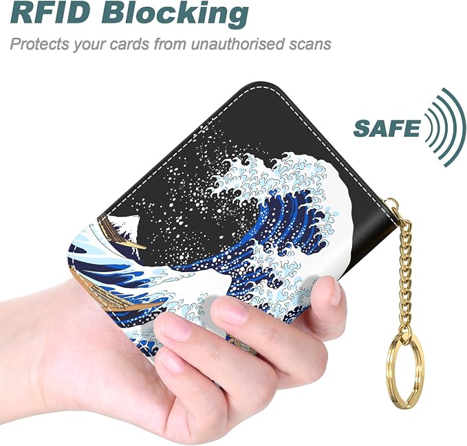Nipichsha Credit Card Holder, Small RFID Card Wallet for Women, Slim Leather Card Holder Wallet, Credit Card Wallet Organizer, Pocket Business Card Case with Zipper & Keychain, Japanese Wave
