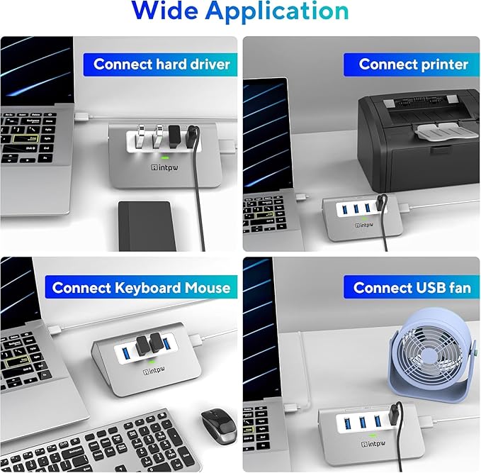 USB 3.0 Hub, Aluminum 4 Port USB Data Hub 3.0 Port Extender Multiport Adapter with 3.3ft Cable ，USB Splitter for Laptop, PC/Xbox/Flash Drive/Printer/Camera/Keyborad/Mouse