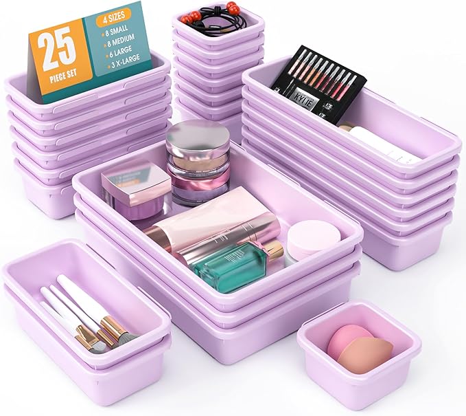 25 PCS Drawer Organizer Set, 4 Size Makeup Drawer Divider Organizer With Non-Slip Pads, Interlocking Plastic Storage Bins for Office,Jewelry Vanity,Gadgets, Bathroom,Kitchen, Purple