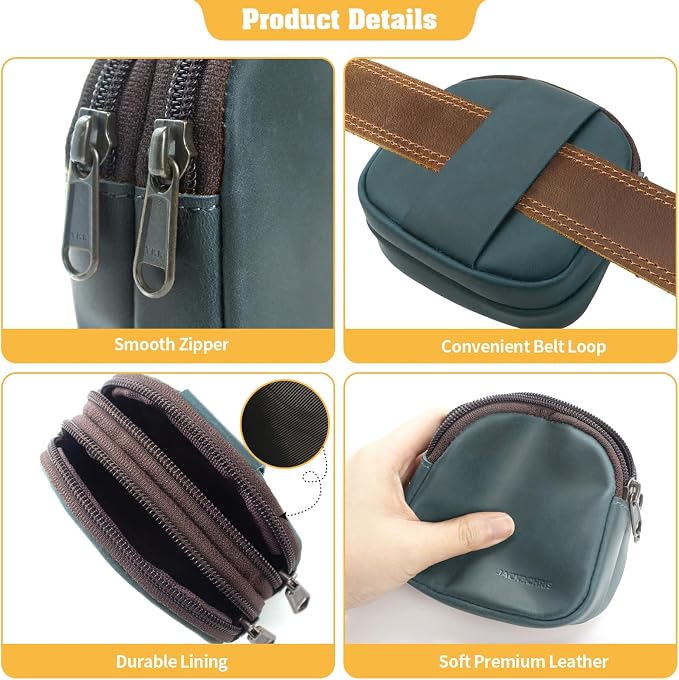 Jack&Chris Coin Purse for Men, Genuine Leather Mini Coin Wallet Zipper Pocket with Back Belt Loop, Coin Bag for Men, Blue