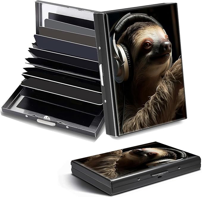 Credit Card Holder, Sloth with Headphones Design Mini RFID Blocking Aluminum Wallet Slim Metal Hard Case Shell Travel Wallet ID Case Small Credit Cards Case Business Cards for Women Men Girls