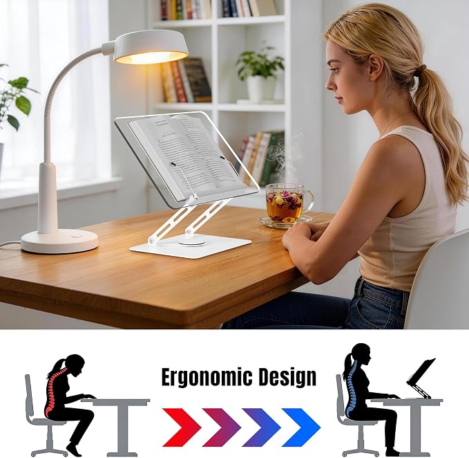 HAUTOCO Adjustable Acrylic Book Stand for Reading, 360° Rotating Base, Foldable Desktop Book Holder with Elastic Page Clips, Hands-Free Cookbook Stand for Laptop, Tablet, Recipe, Textbook, Music Score